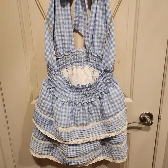 Day + moon blue and white plaid crossover halter top romper - Picture 3 of 6